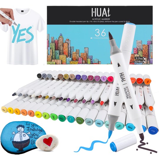 HUAL; Art Fabric Markers Pens, 36 Colors Dual Tip Fabric Markers Permanent Markers for Clothes, T-shirt, Shoes, Hats, Non-Toxic & Child Safe, No Fading, Card Making; Category:Fabric Markers; Image:1